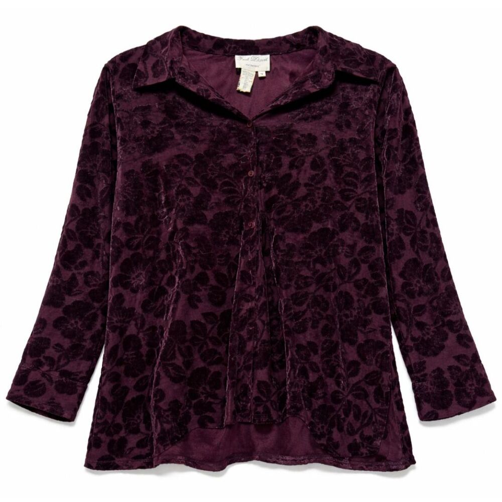 Fred David Velvet Floral Blouse 1X Sheer Burgundy Burnout Career Goth Dark Moody